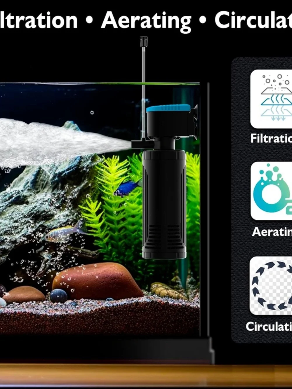 AquaMiracle Submersible Aquarium Filter 300GPH | 3-Stage for 60-150 Gal Tanks